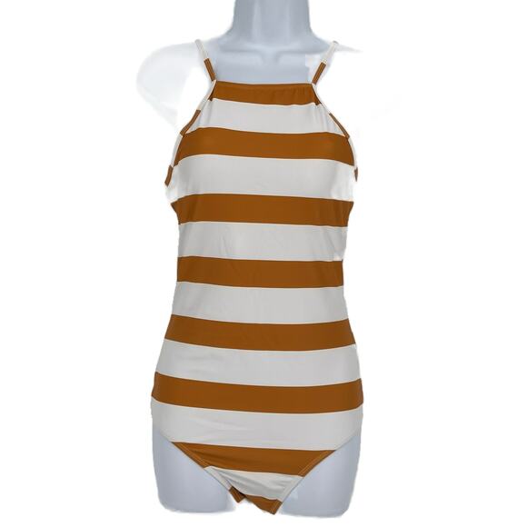 Swimsuit One Piece Halter Large Stripe in Dark Yellow and White Size Large - Picture 3 of 5